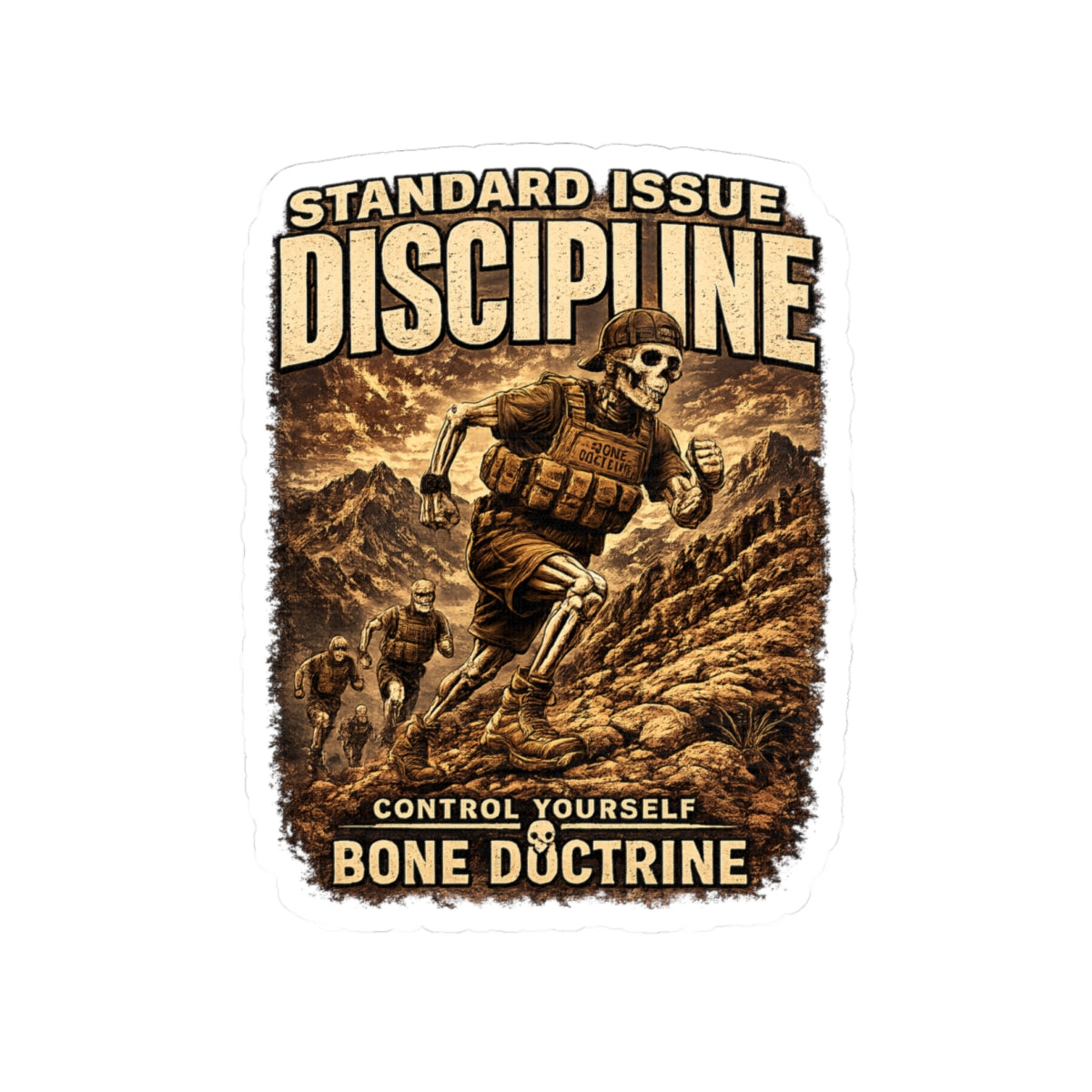 Discipline Skull Soldier Sticker — 'Control Yourself' Military Adventure Kiss-Cut Decal