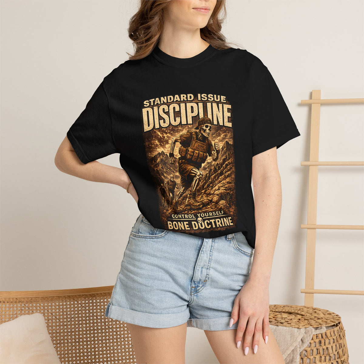 Discipline Military Tactical T-Shirt — "Standard Issue: Control Yourself, Bone Doctrine"