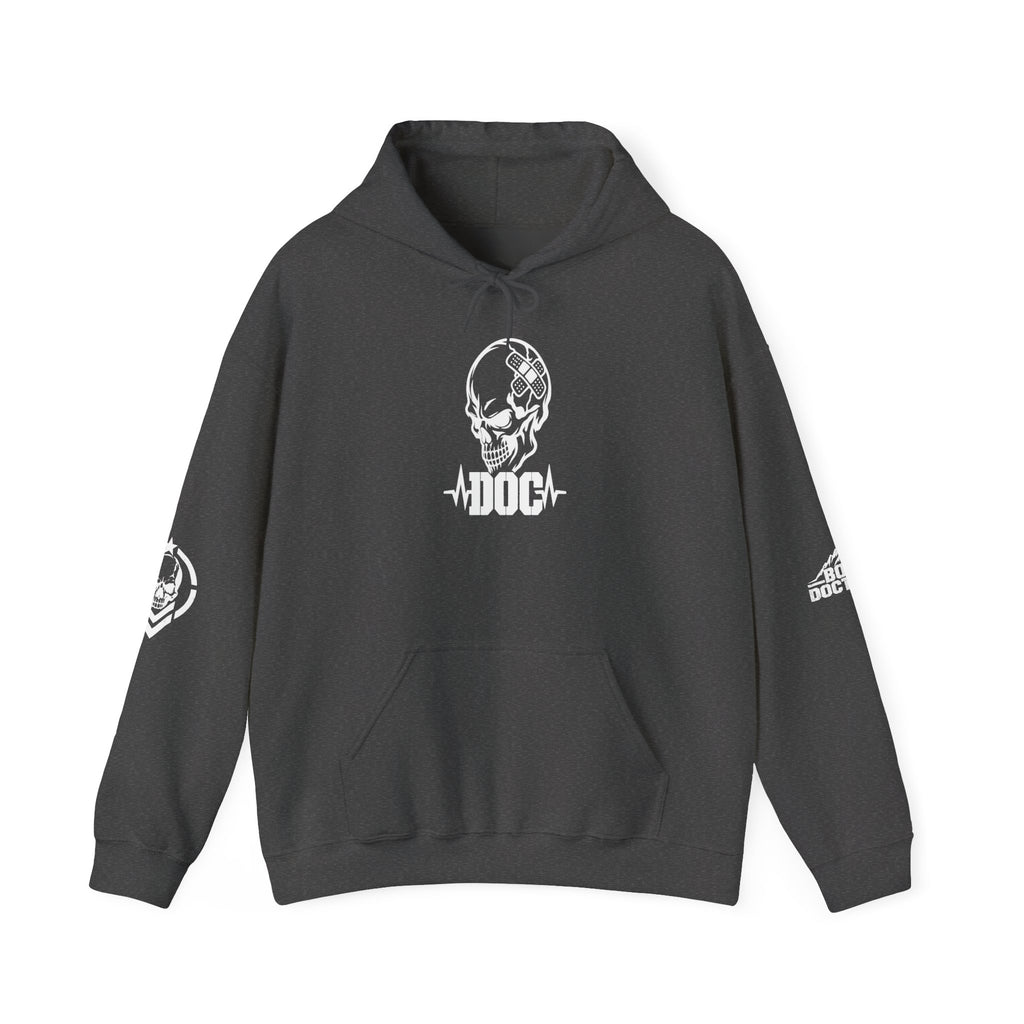 Fitness Skull Hoodie – DOQ Barbell Logo Pullover for Gym & Streetwear