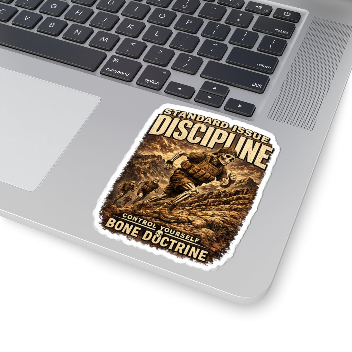 Discipline Skull Soldier Sticker — 'Control Yourself' Military Adventure Kiss-Cut Decal