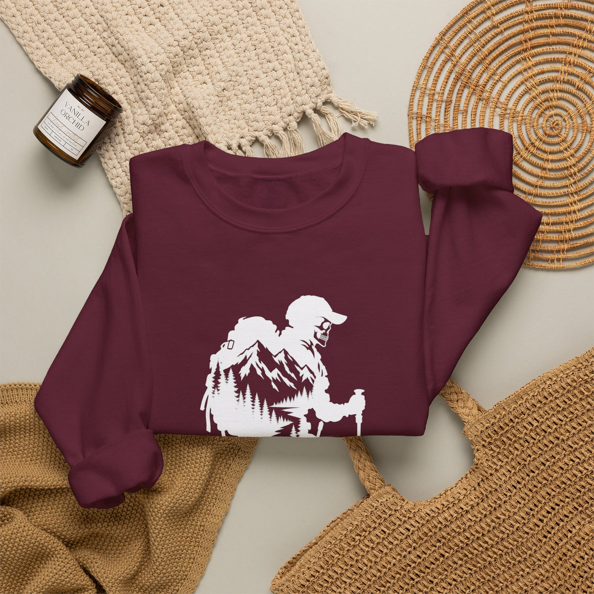 Hiker Mountains - White Silhouette Hiker Graphic