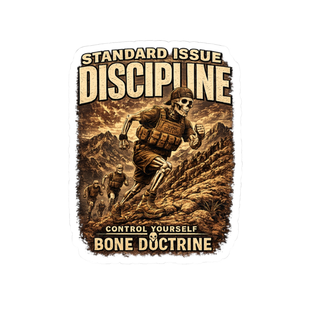 Discipline Skull Soldier Sticker — 'Control Yourself' Military Adventure Kiss-Cut Decal