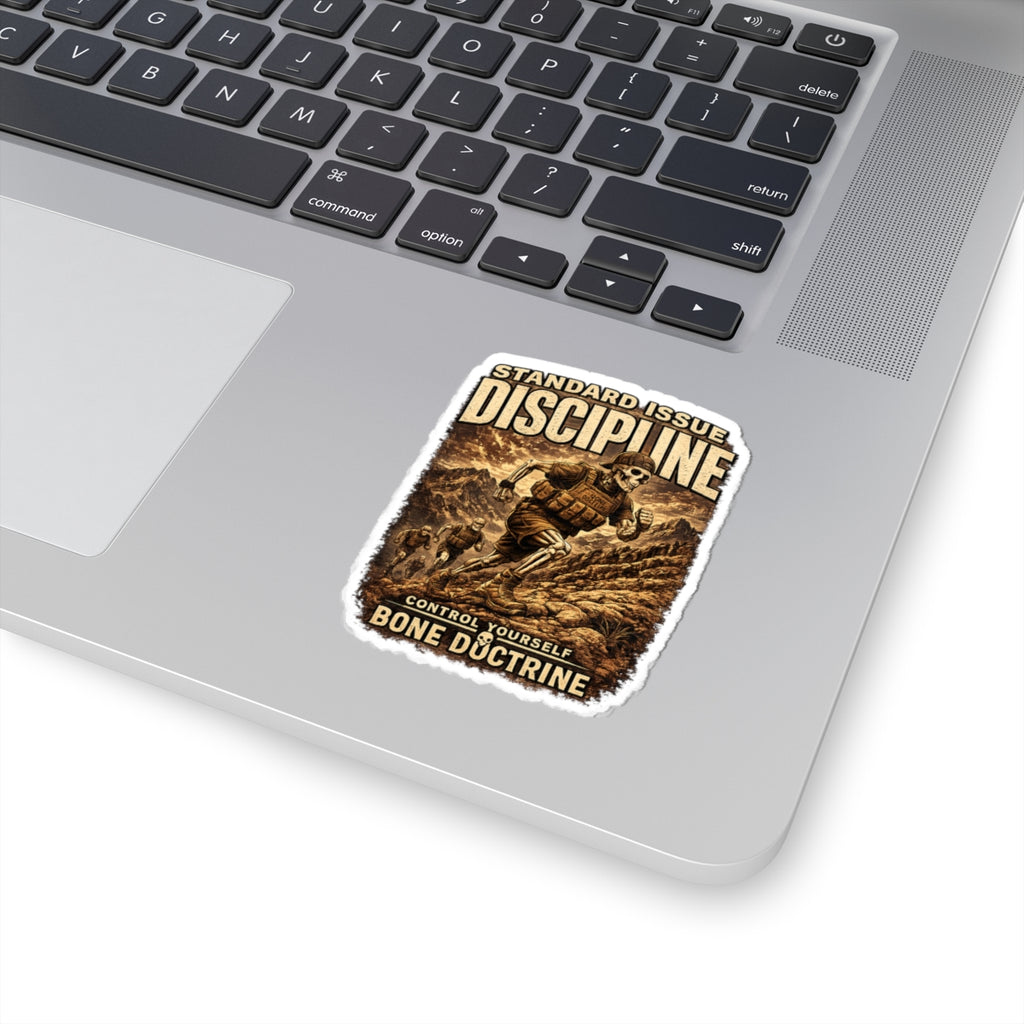 Discipline Skull Soldier Sticker — 'Control Yourself' Military Adventure Kiss-Cut Decal